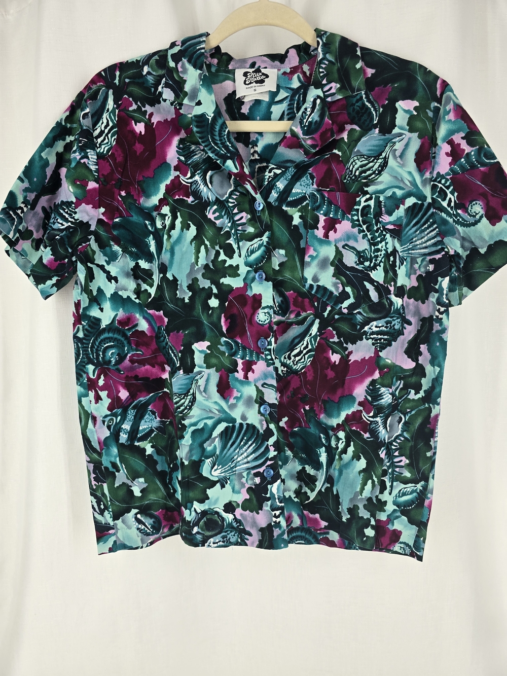 Hilo Hattie Shell Print Button-Front Shirt - Teal, Magenta & Green
